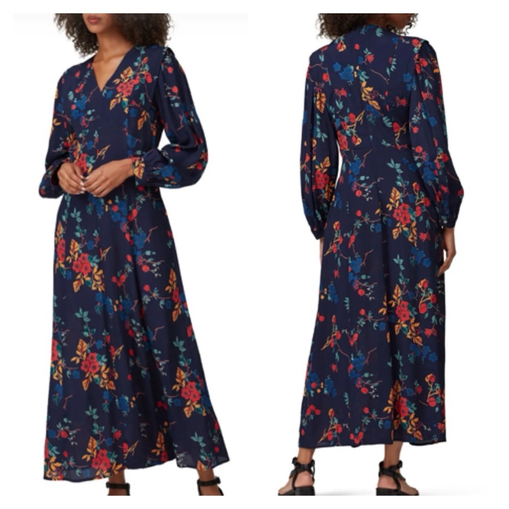Sea New York Mari Modern Midi Navy Floral Long Sleeve V-neck Dress